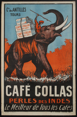 poster illustration with a rider driving an elephant with crates of coffee on its back.